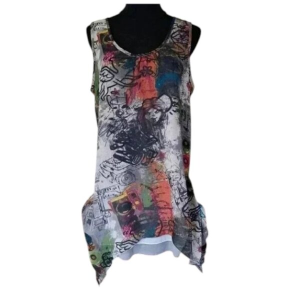 Papillon Blanc graffiti art print sleeveless top size M - Picture 1 of 11